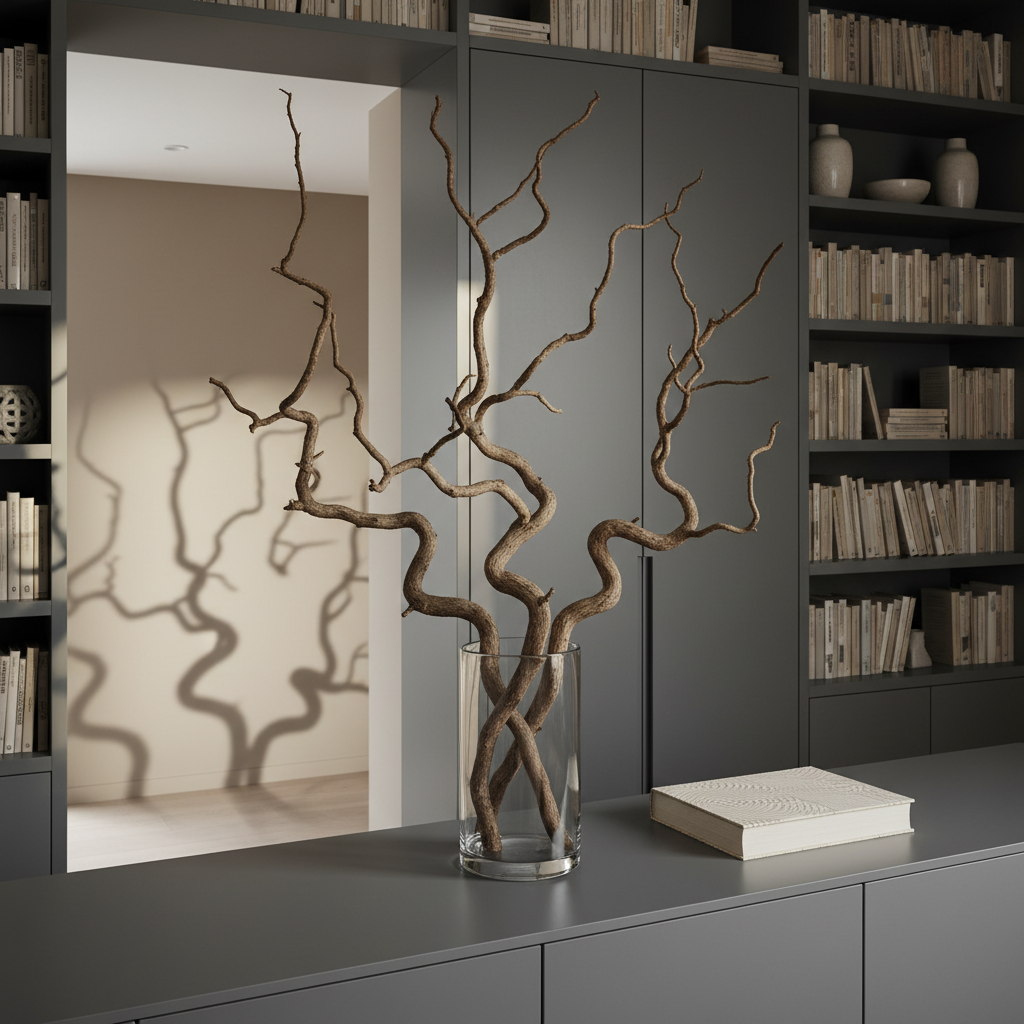 A minimalist, glass vase holding a sculptural arrangement of bare branches—each subtly twisted and evocative of a 'crooked tree'—sits on a structured matte grey sideboard adjacent to a closed book with an embossed, neutral dust jacket. The setting is a sleek reading nook with tailored built-in cabinetry, organized shelves, and neutral wall tones. Ambient light from an adjoining room creates gentle side illumination, producing artistic shadows on the wall that echo the branches’ unique forms. The composition uses asymmetrical balance, with the book and vase sharing space but keeping the branches as the visual anchor. This photographic, corporate-styled image reflects brand identity while reinforcing the site’s literary, discussion-focused theme.